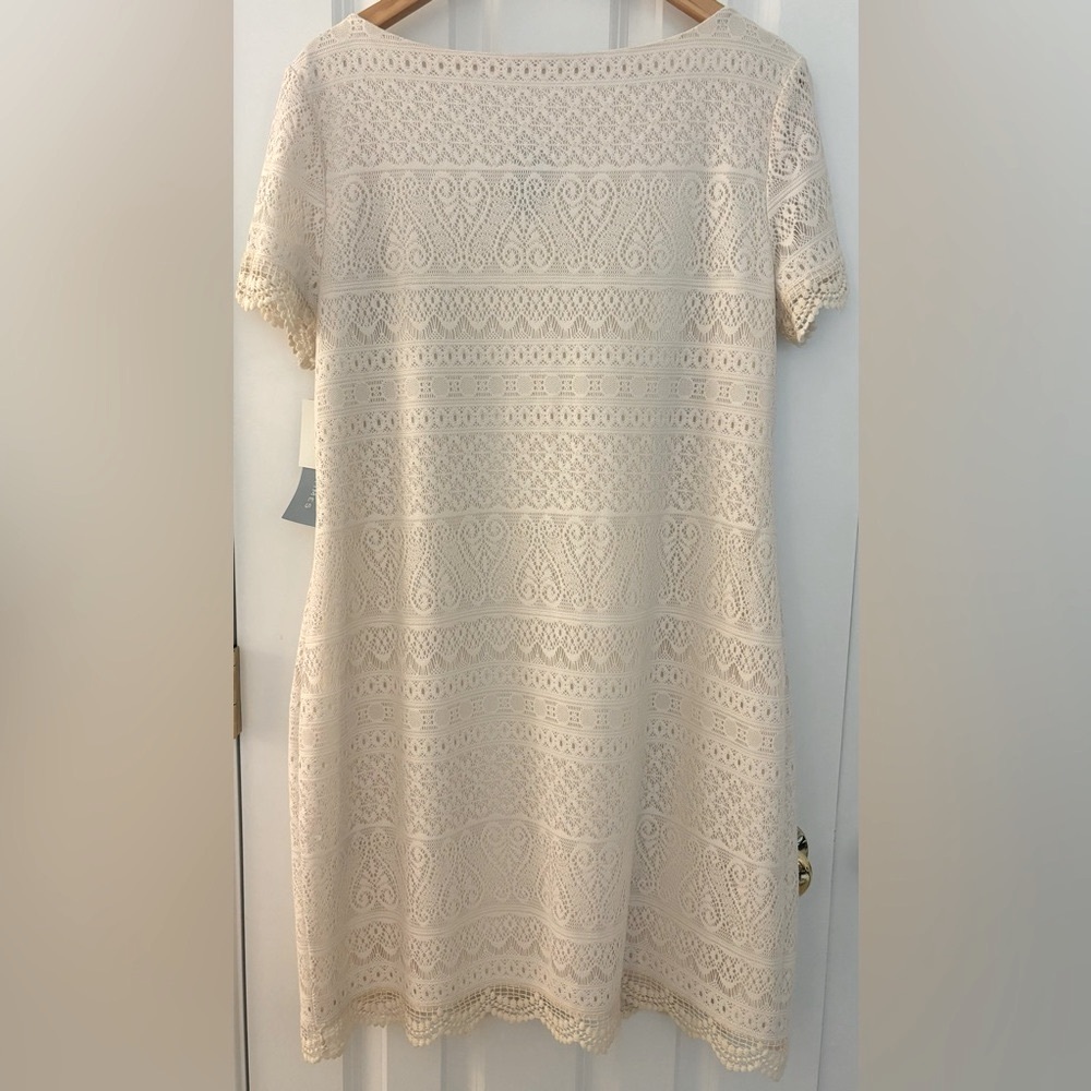 London Times Dress Shift cream boat neck lace scallop crochet trim lined 14 NWT - Picture 5 of 6